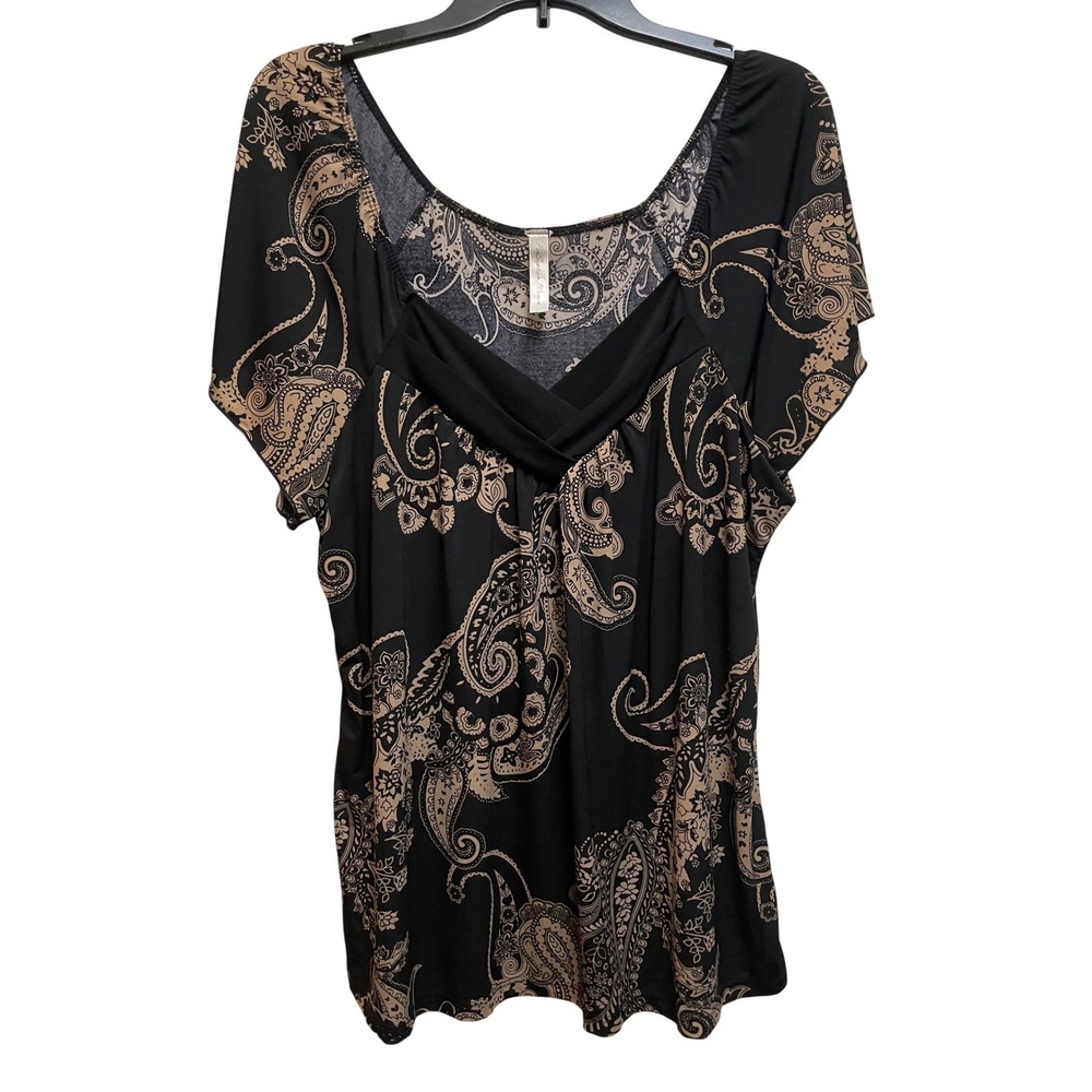Perception Women Paisley Print Blouse Black Tan Crossover V-Neck Short Sleeve 2X